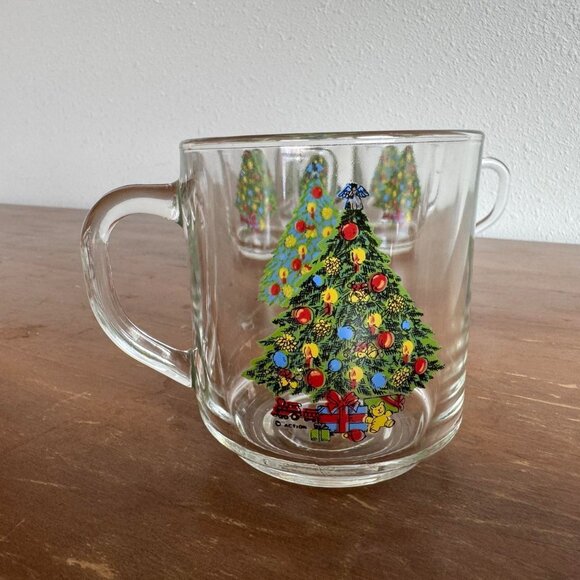 Set of 4 Vintage Luminarc Christmas Tree Mugs, Clear Glass Holiday Cups - Picture 4 of 8